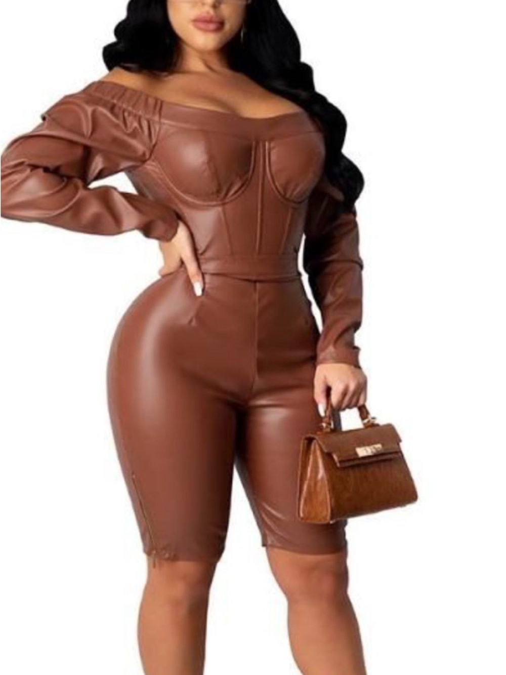 Off-Shoulder Faux Leather Brown Jumpsuit